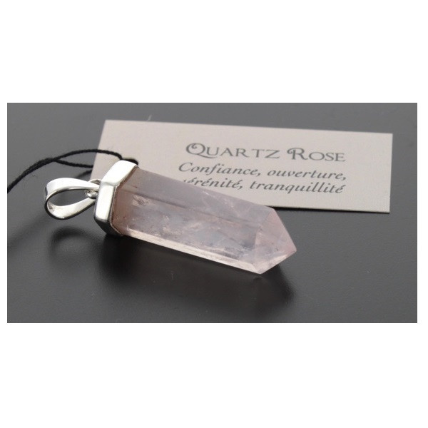 Pendentif Quartz Rose Forme pointe et Argent Massif