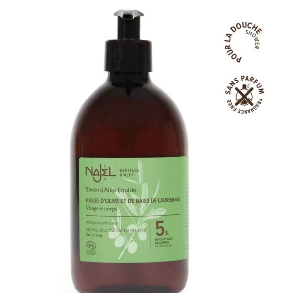 psoriasis, eczéma, cosmétique, naturel, alep liquide, acné, gel douche, najel,huile de laurier, olive,savon d'alep liquide bio