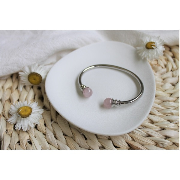 Bracelet cuivre avec Aimants Jonc Perles Quartz Rose Métal argenté - 2