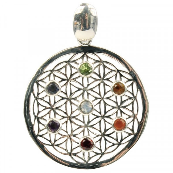 Pendentif Pierres des Chakras Argent 925 Fleur de vie - 1