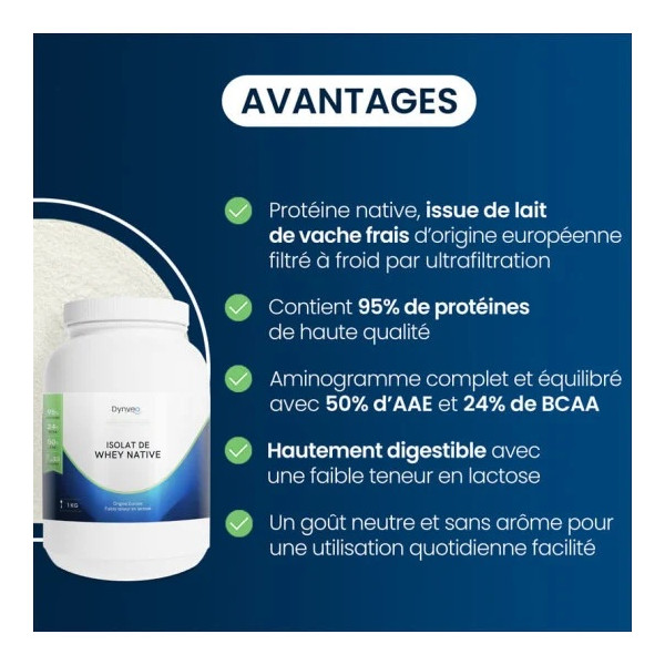 Whey Native Isolate 1 kg Purifiée à 95% en protéines - Dynveo - 3