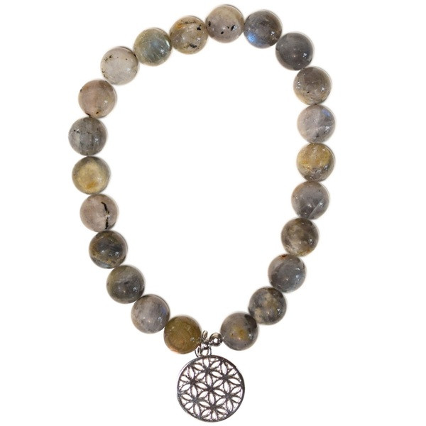 Bracelet Labradorite perles rondes 8 mm et breloque Fleur de vie - 1