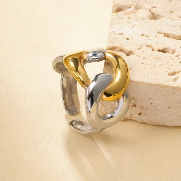 Bague bicolore argentée et dorée effet chaîne finition miroir - 1