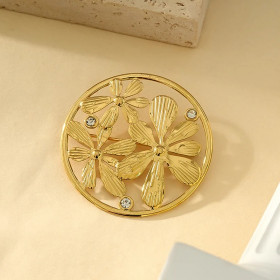 Broche Dorée Triple Fleurs Ornées de Strass Avec Cadre Rond - 1