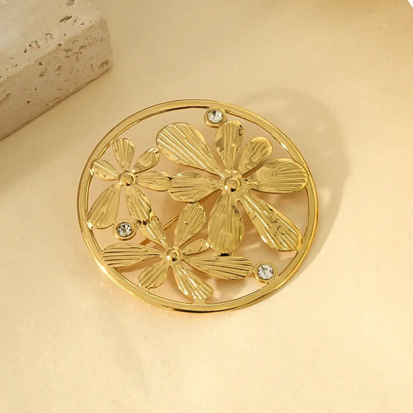 Broche Dorée Triple Fleurs Ornées de Strass Avec Cadre Rond - 2