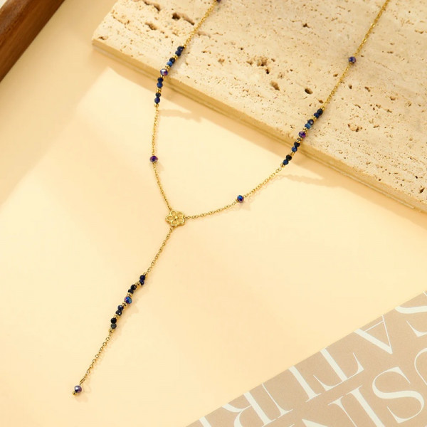Collier Y Doré Avec Perles Bleues et Fleur Centrale - 1