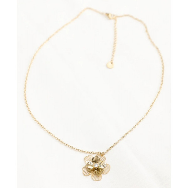 Collier Chaîne Fine Dorée Fleur Ajourée Strass Central - 1