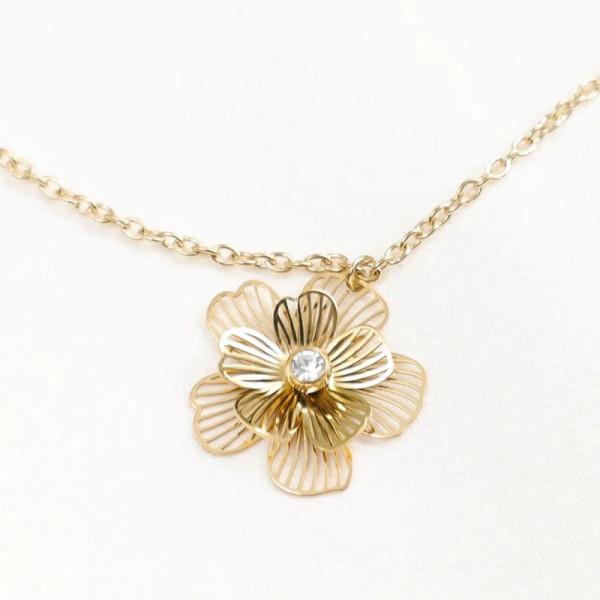 Collier Chaîne Fine Dorée Fleur Ajourée Strass Central - 2