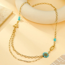 Collier Sautoir Double Chaîne Dorée Turquoises et Détails Ethniques - 1