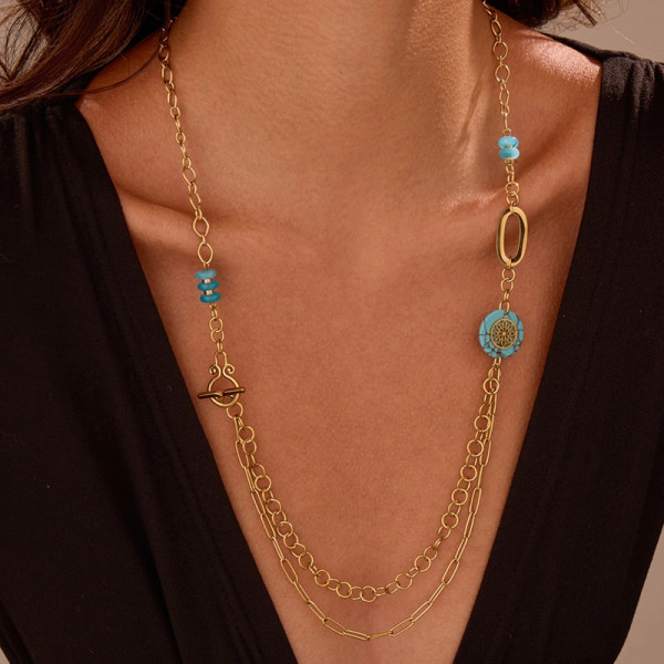 Collier Sautoir Double Chaîne Dorée Turquoises et Détails Ethniques - 2
