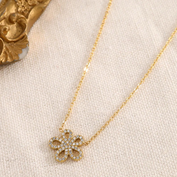 Collier doré fleur à 5 pétales orné de strass - 1