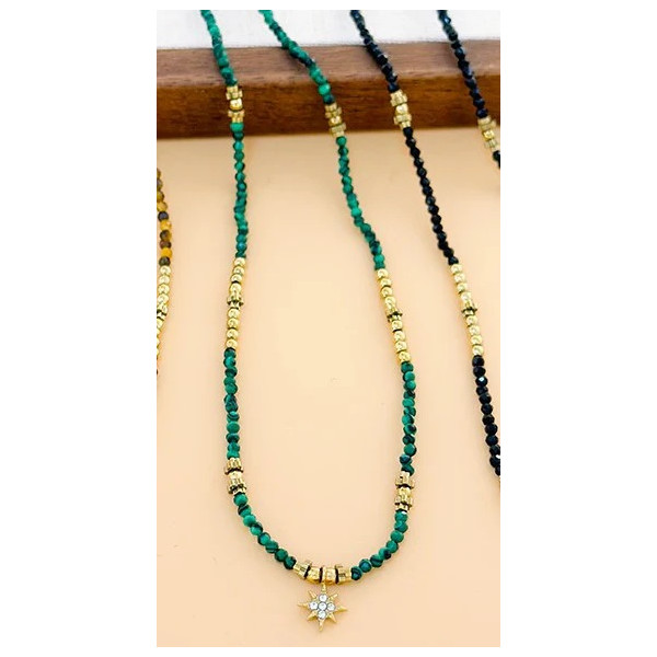 Collier Doré Chaîne Pierres Naturelles Malachite Avec Etoile - 1