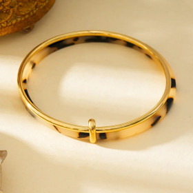 Bracelet Jonc Multi Cercle Doré et Acrylique Motif Animalier Léopard - 1
