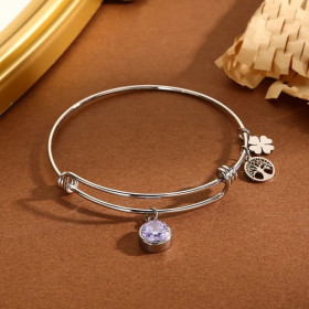 Bracelet Argenté Jonc Ajustable Avec Pendantes Trèfle Arbre Et Strass Violet - 1