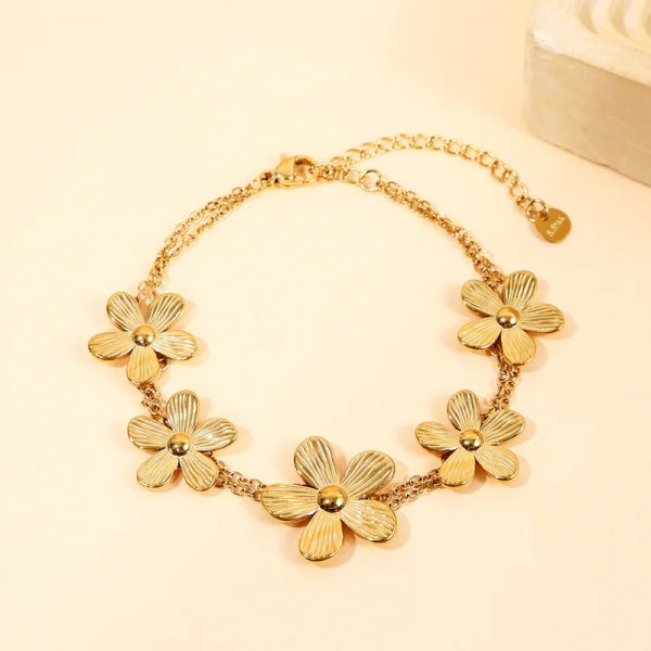 Bracelet Double Chaîne Dorée Inspiration Fleur Nature - 1