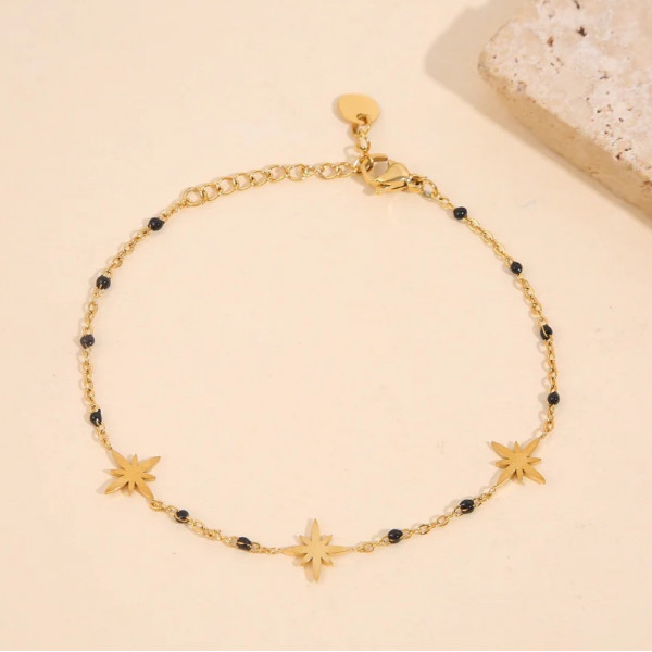 Bracelet chaîne émaillée noire triple étoile - 1