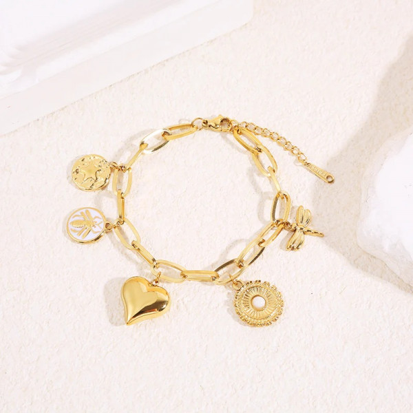 Bracelet maillons breloques cœur et libellule - 1