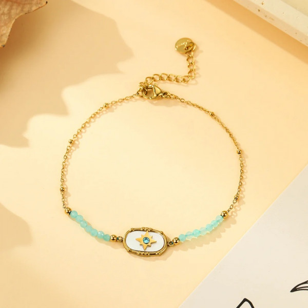 Bracelet Doré Médaillon Étoile Strass et Pierres Amazonite - 1