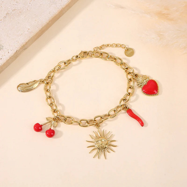 Bracelet doré breloques soleil fleur piment cœur feuille - 1