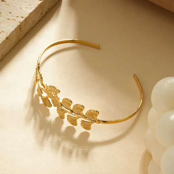 Bracelet jonc fin avec ginkgo doré - 2
