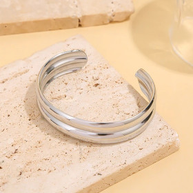 Bracelet argenté effet double manchette fusionnée finition effet miroir - 1