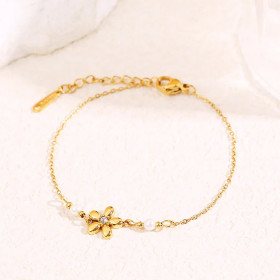 Bracelet Chaîne Fine avec Pendentif Fleur Strassé et Perles - 1