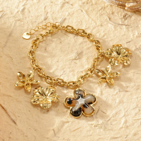 Bracelet Doré Chaîne avec Breloques Fleur en Résine Léopard - 1