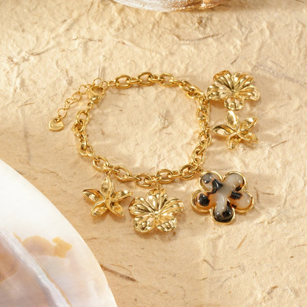 Bracelet Doré Chaîne avec Breloques Fleur en Résine Léopard - 2
