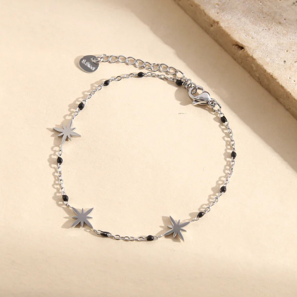 Bracelet Chaîne Fine Argentée Pampilles Étoiles et Perles Noires - 1