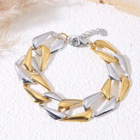 Bracelet chaîne large maillons bicolore géométrique doré argenté - 1