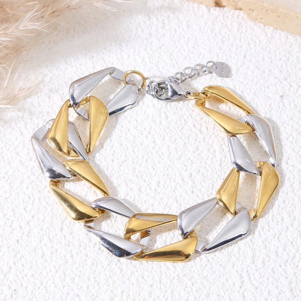 Bracelet chaîne large maillons bicolore géométrique doré argenté - 1