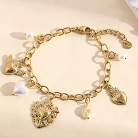 Bracelet doré chaîne charms cœurs divers ex voto en perle blanche - 1