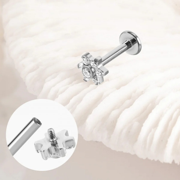 Piercing Argenté Fleur Ronde Strass en Titane - 1