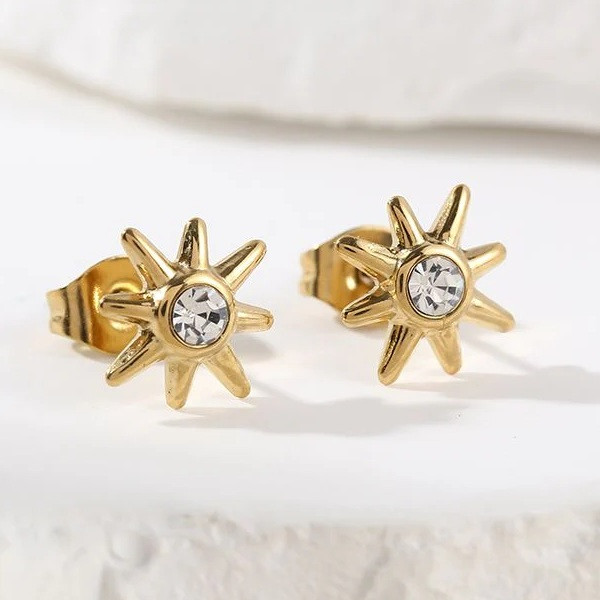 Boucles d'Oreilles Dorées Puces Soleils Avec Strass - 1