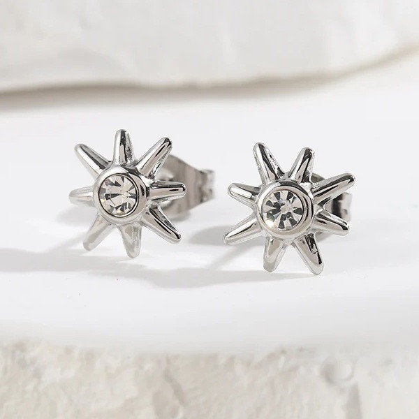 Boucles d'Oreilles Argentées Puces Soleils Avec Strass - 1