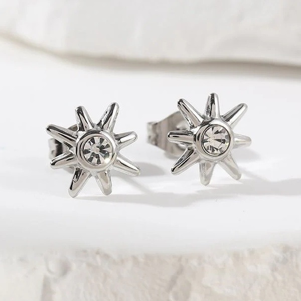 Boucles d'Oreilles Argentées Puces Soleils Avec Strass - 2
