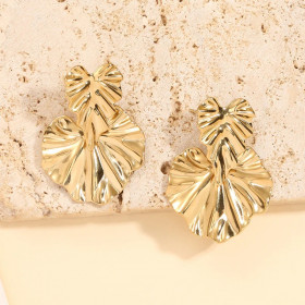 Boucles d'Oreilles Dorées Double Feuilles Ondulées Brillantes - 1