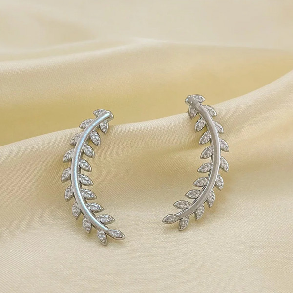 Boucles d'Oreilles Argentées Feuilles Lauriers Texturées Brillantes - 1