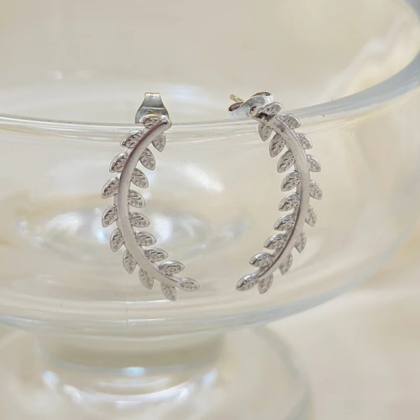 Boucles d'Oreilles Argentées Feuilles Lauriers Texturées Brillantes - 2