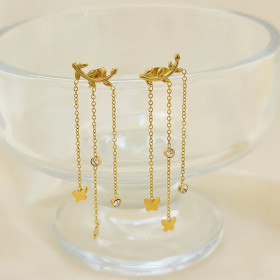 Boucles d'Oreilles Dorées Feuilles Avec Triple Chaînes Strass Et Papillons - 1