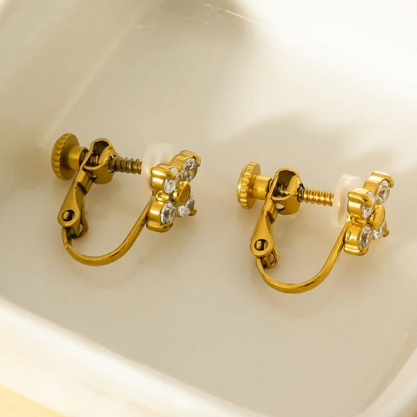 Boucles d'Oreilles à Clips Dorées Avec Motif Fleur Strass - 2
