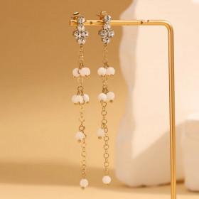 Boucles d'Oreilles Pendantes Dorées Avec Strass, Chaînes Fines et Perles Naturelles - 1