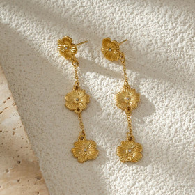 Boucles d'Oreilles Pendantes Dorées Pétales de Fleurs Avec Strass - 1