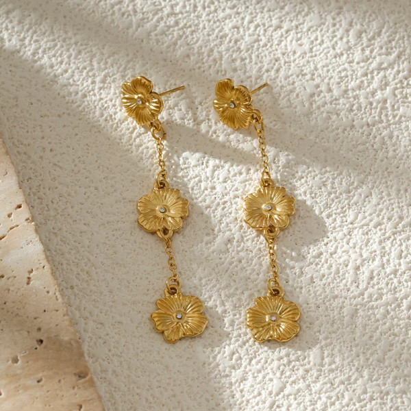 Boucles d'Oreilles Pendantes Dorées Pétales de Fleurs Avec Strass - 1