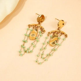 Boucles d'Oreilles Pendantes Dorées Martelées Et Perles Vertes - 1