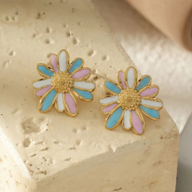 Boucles d'Oreilles Clous Marguerite Dorées Émaillées Multicolores - 1