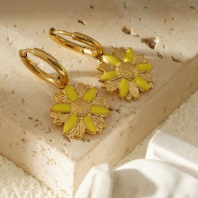Créoles Dorées Charms Fleur Émaillée Jaune - 1