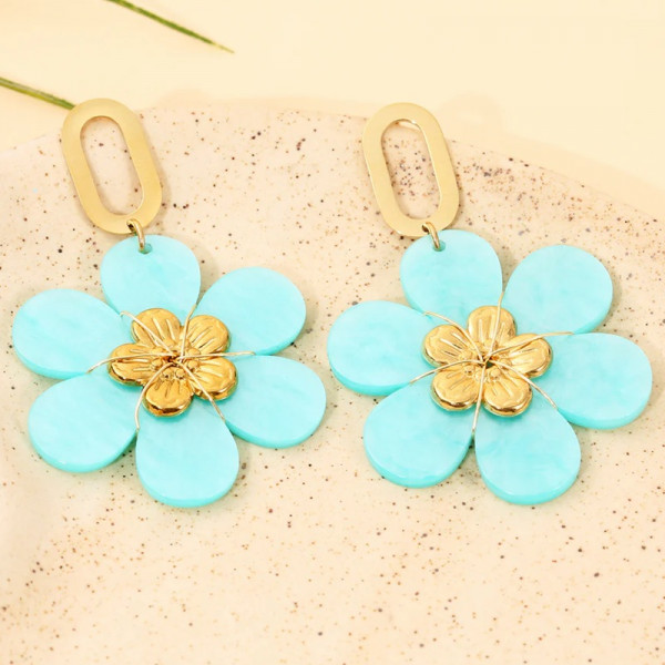 Boucles d'Oreilles Pendantes Dorées Fleur Résine Bleue Turquoise - 1