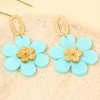 Boucles d'Oreilles Pendantes Dorées Fleur Résine Bleue Turquoise