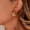 Boucles d'oreilles Créoles Dorées Triple Fleur Ajourée et Pierres Roses Fuchsia - 2